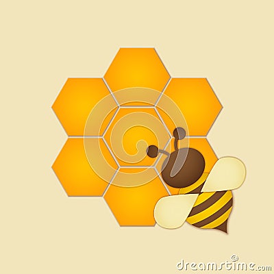 Honey label premium quality title. Paper cut style bee with honeycombs and Bee. Template design for beekeeping and honey product. Vector Illustration